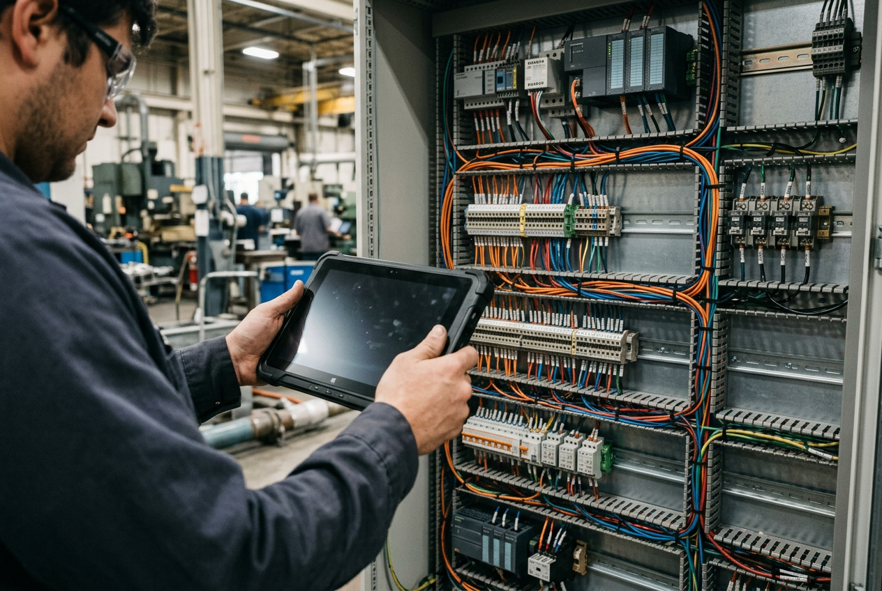 Technician using a rugged tablet to catalogue the contents of an open industrial control cabinet