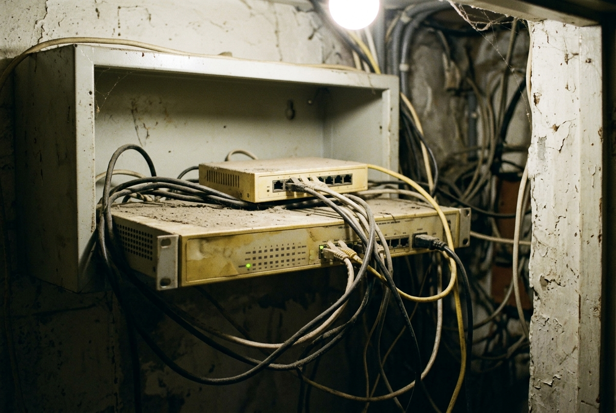 Older firewall appliance and switch mounted in a dusty wall cabinet in a back utility closet
