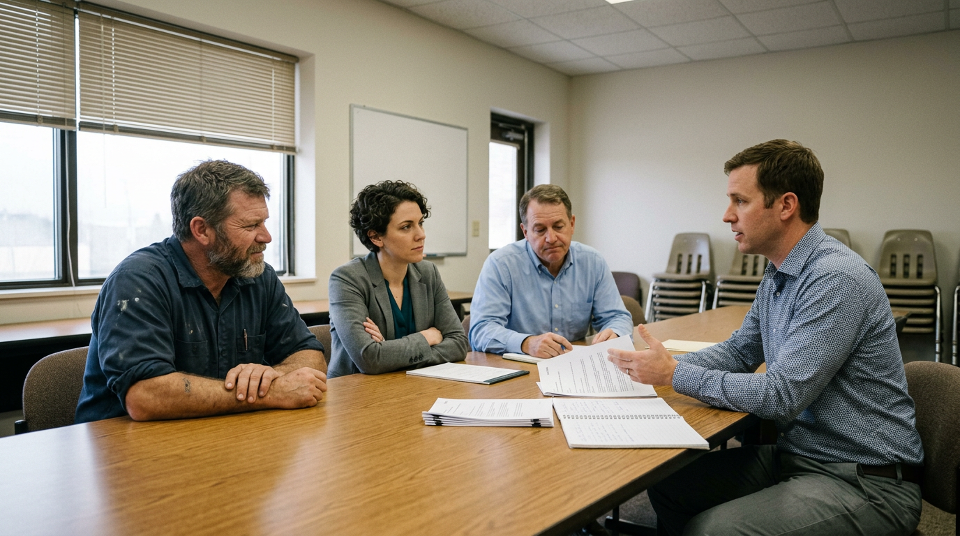 Operations and IT staff questioning a managed IT provider across a conference table