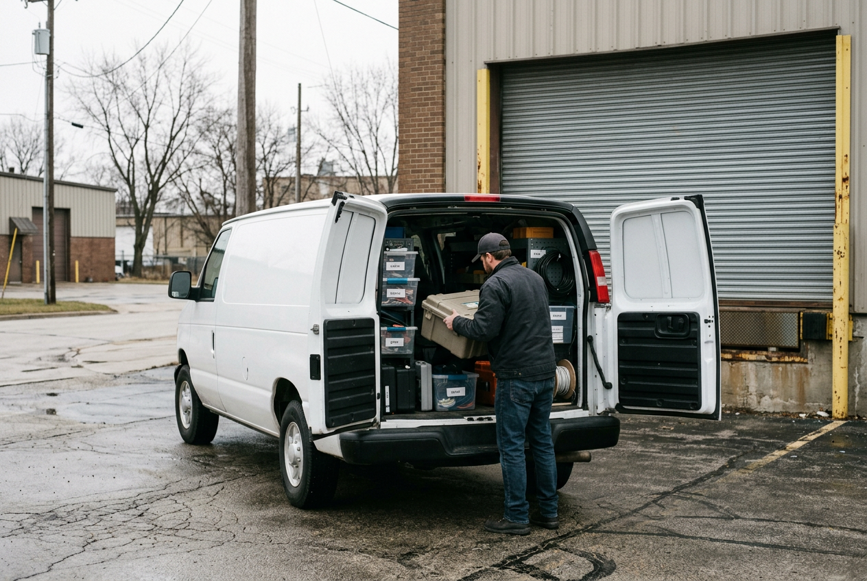 Technician unloading tools and network hardware from a service van at the delivery door of an industrial building