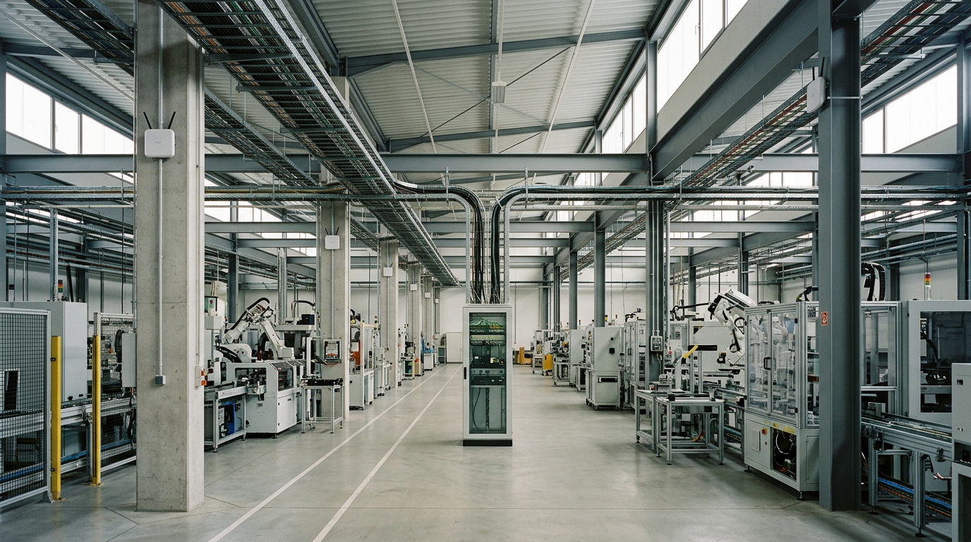 Manufacturing floor with overhead cable tray, wireless access points on columns and a network cabinet at the end of an aisle
