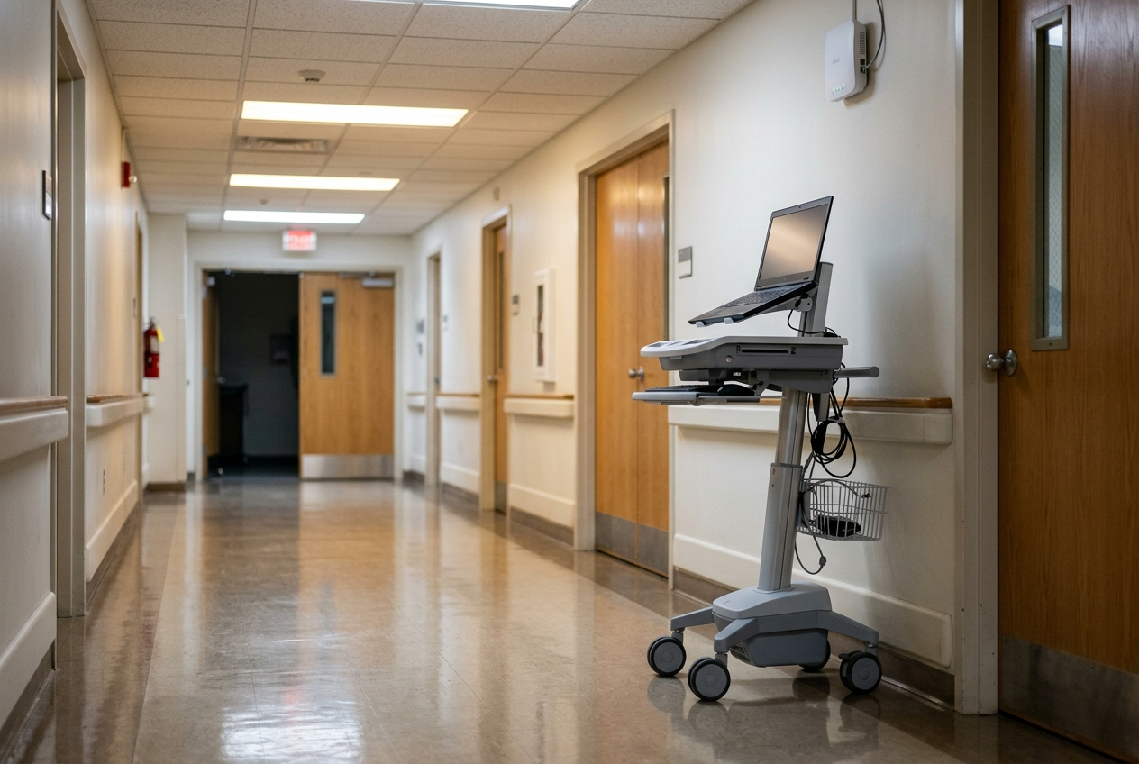 Mobile clinical workstation on wheels in a quiet hospital corridor with a ceiling-mounted wireless access point