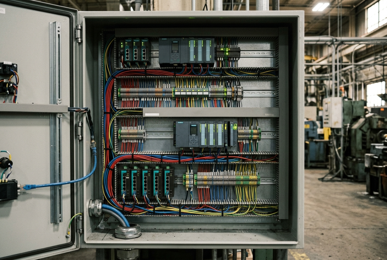 Open industrial control cabinet with DIN-rail mounted PLCs, network switches and bundled coloured wiring