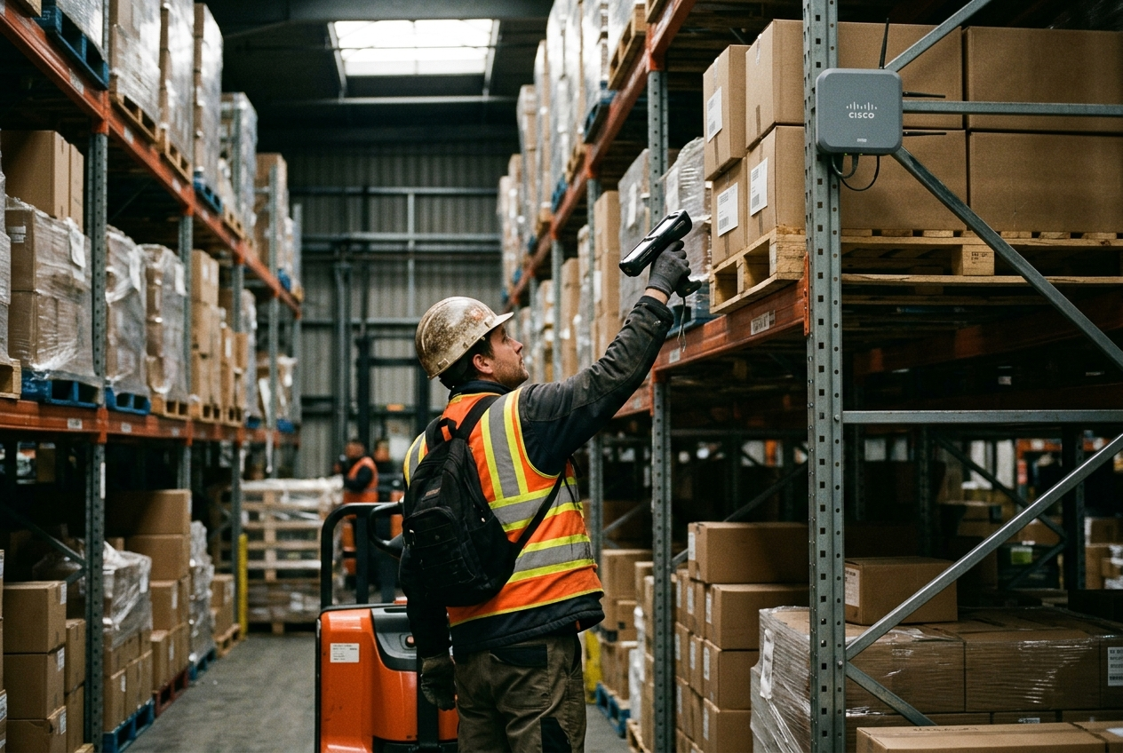 Warehouse worker in a high-visibility vest using a handheld barcode scanner between high-bay pallet racking
