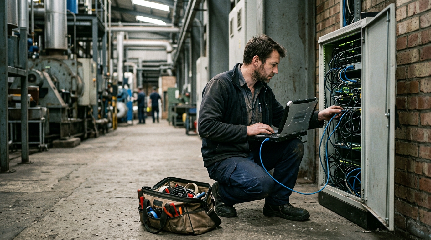 Technician crouched at an open floor-standing network cabinet in an industrial corridor with a laptop connected
