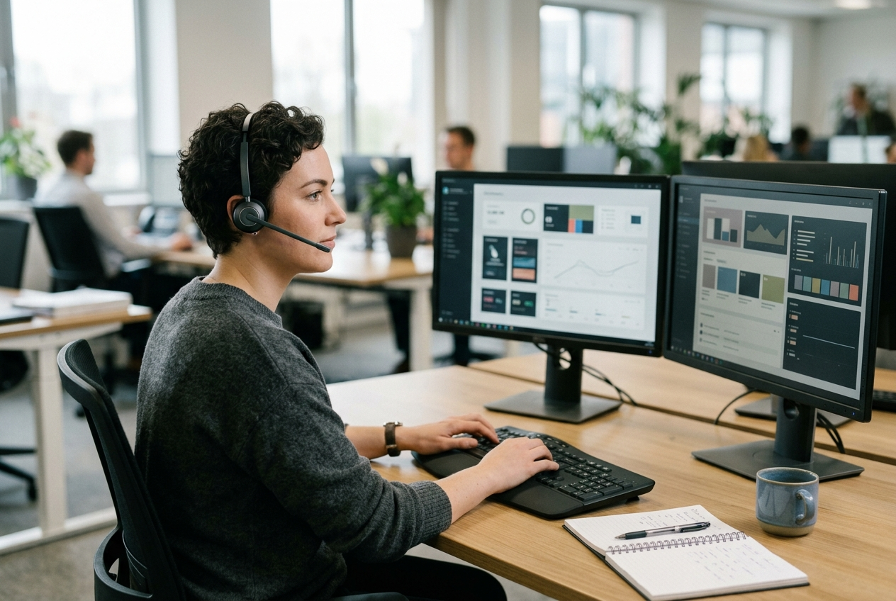 Support technician wearing a headset working at a tidy dual-monitor desk