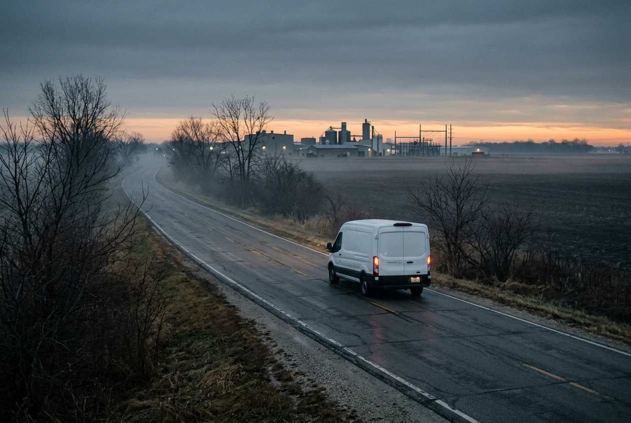 Service van driving toward a cluster of industrial buildings at dawn on a rural Midwestern road