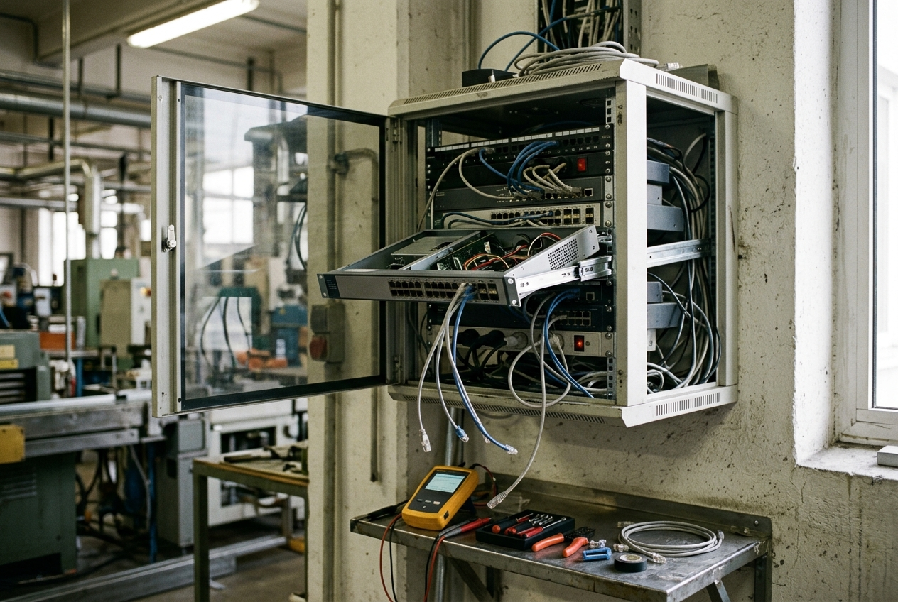 Open network cabinet in a production area with a switch partially slid out and hand tools resting below