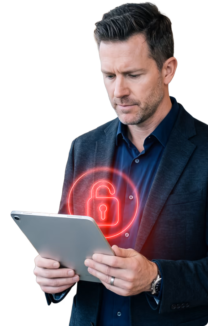 Restaurant worker checking a tablet, unlocked padlock warning