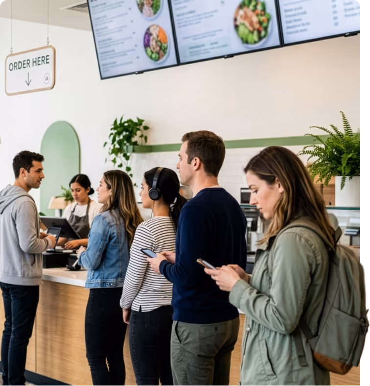 Customers lined up at a quick-service counter
