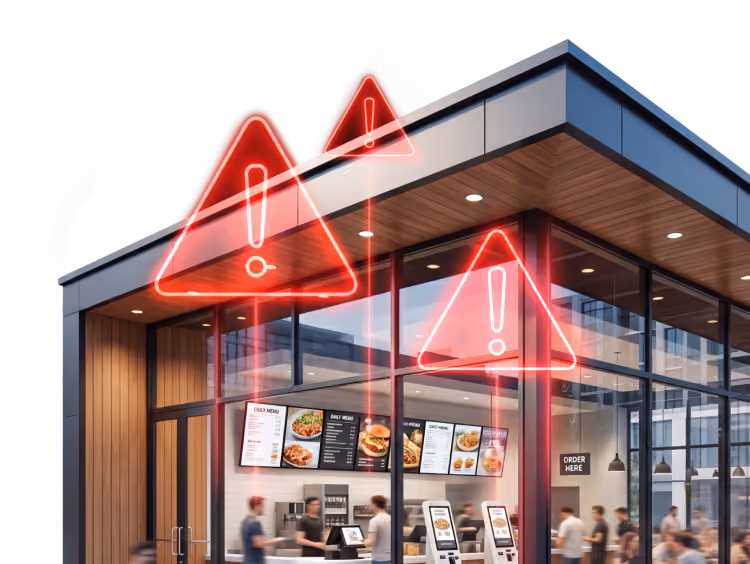 Quick-service restaurant exterior with security alerts