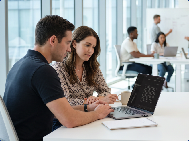 Two colleagues working together on a laptop in a modern office