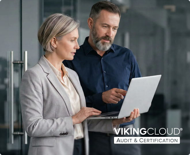 Two professionals reviewing a laptop, with the VikingCloud Audit & Certification logo