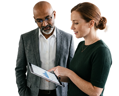 Two colleagues reviewing an AI governance report on a tablet