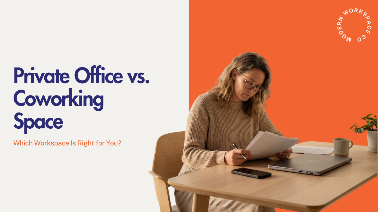 Woman working at private office desk.
