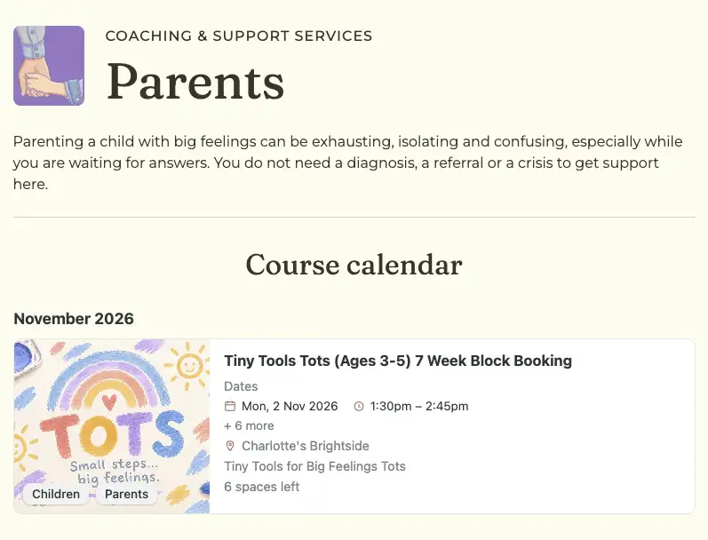 Tiny Tools for Big Feelings event listing embedded on its website