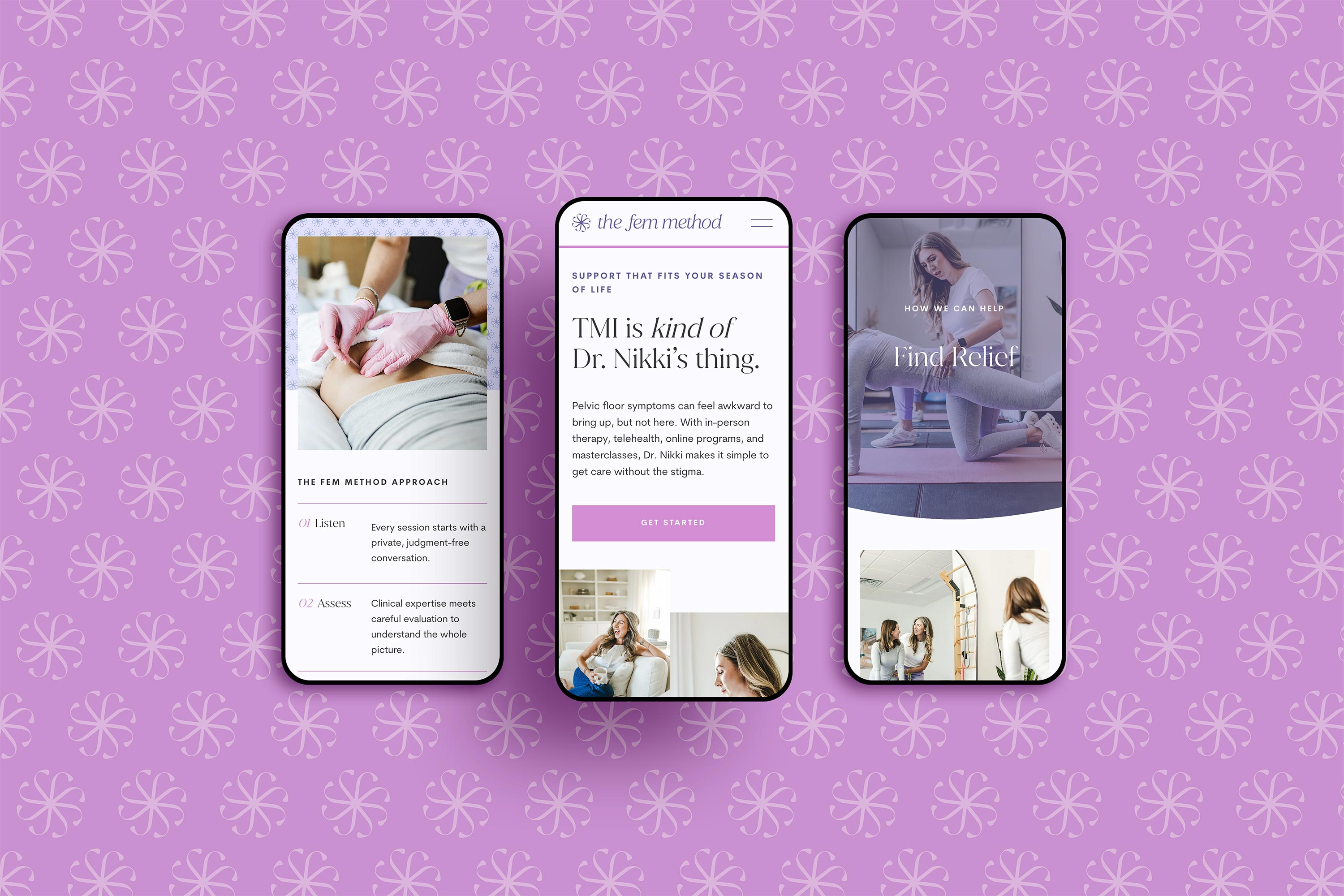 The Fem Method colorful website design shown on three iPhone screens with bold pattern background