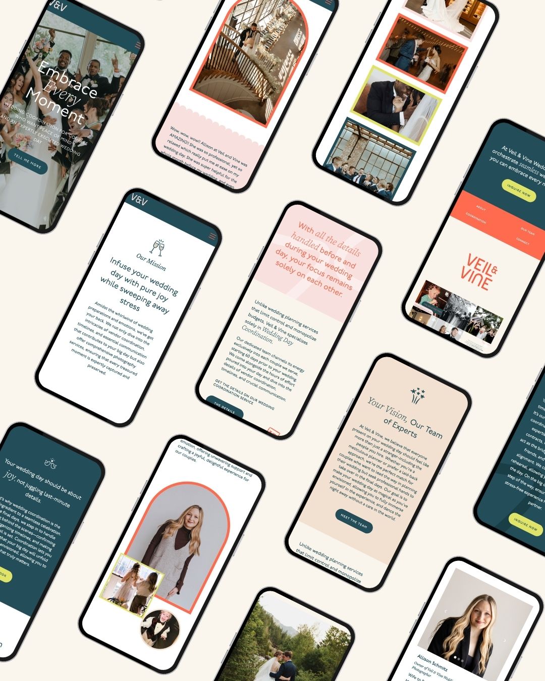Veil and Vine Weddings mobile website screens for wedding coordination brand