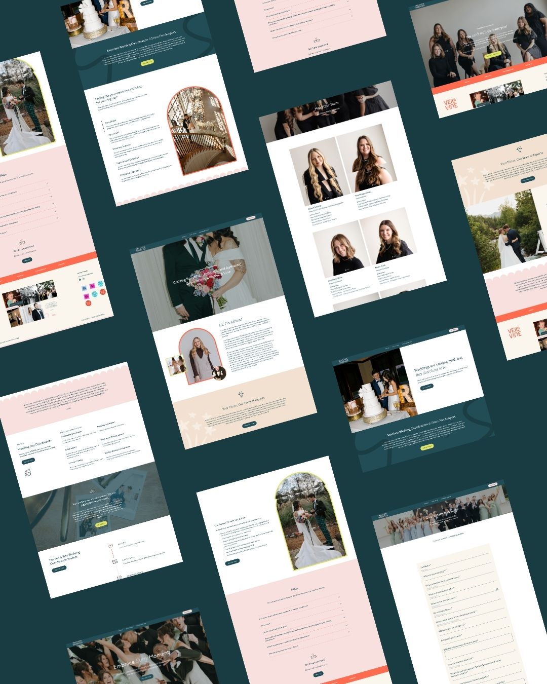 Veil and Vine Weddings web design snippets showing colorful website design details