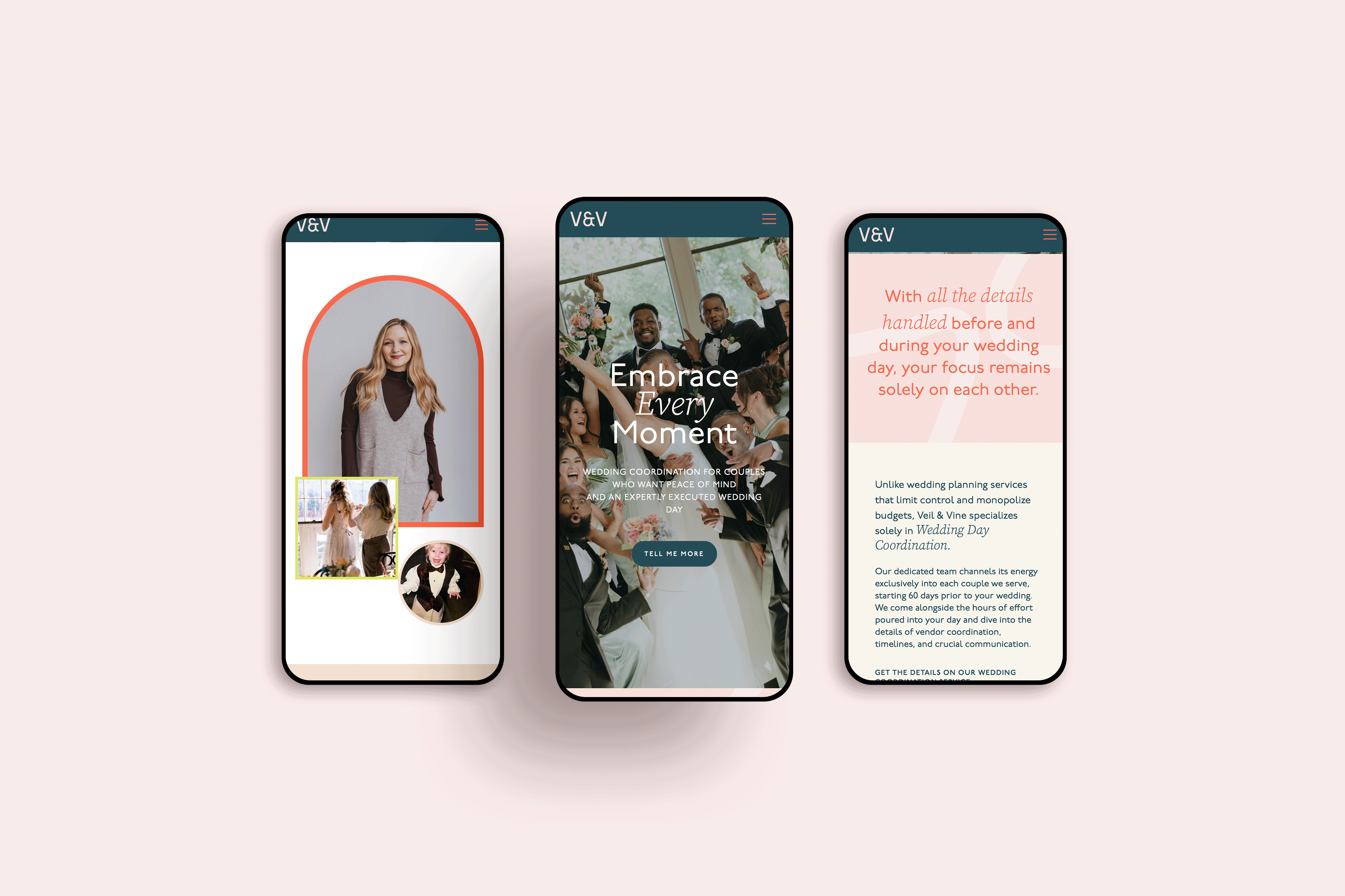 Veil and Vine Weddings colorful website design screens for wedding coordination business