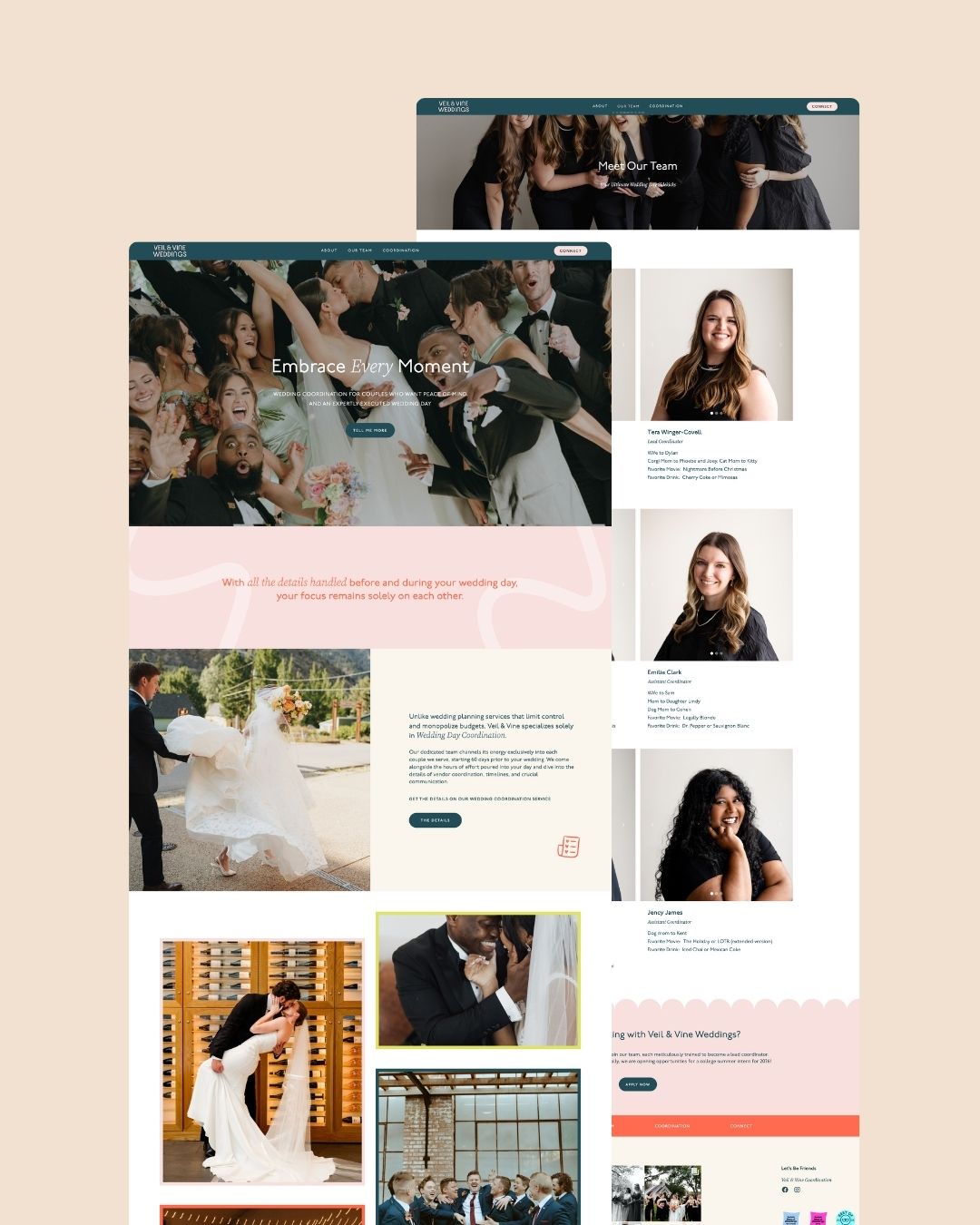 Veil and Vine Weddings overlapping website pages showing custom website design by Katie Higg Design