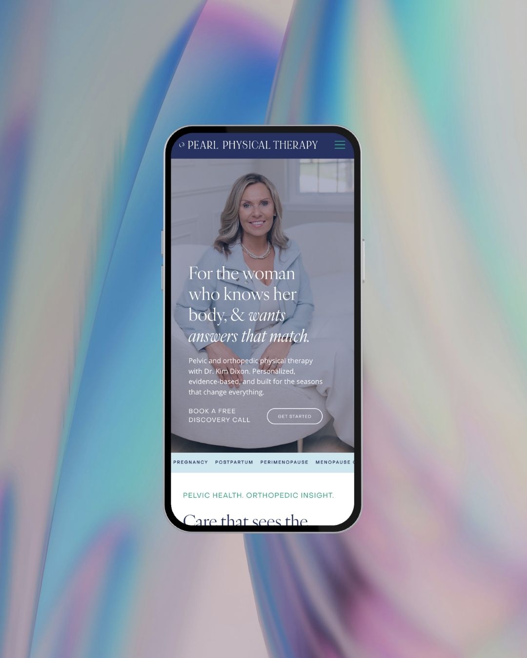 Pearl Physical Therapy mobile website design on iPhone by Katie Higg Design