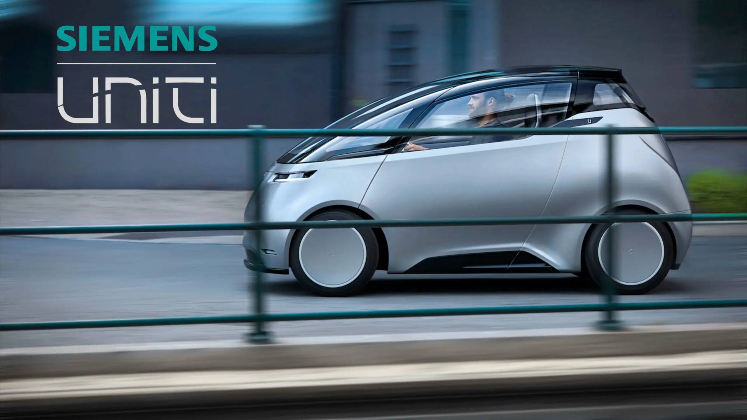 Promo video featuring Siemens Xcelerator and Uniti electric car speeding on the highway.