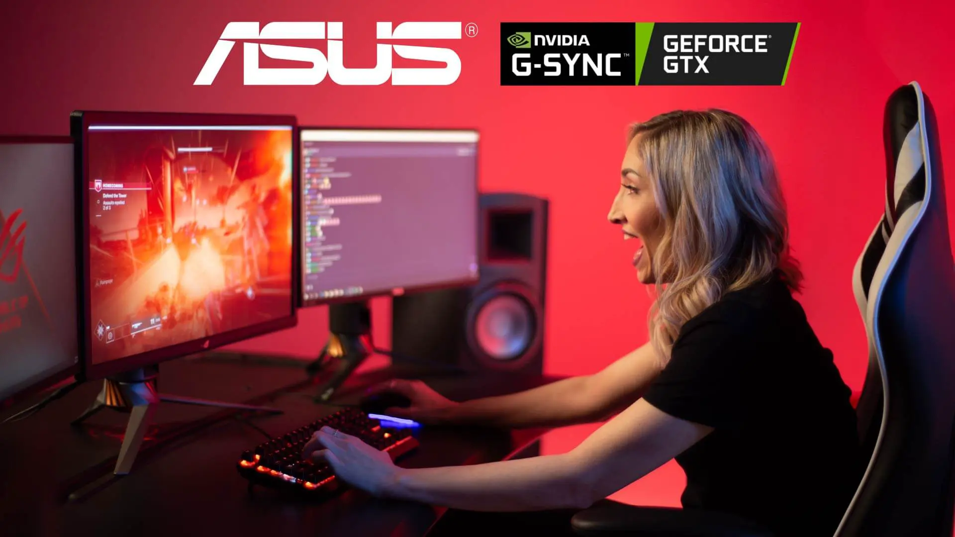 Promo video with woman gaming on ASUS and Nvidia GeForce & G-Sync.