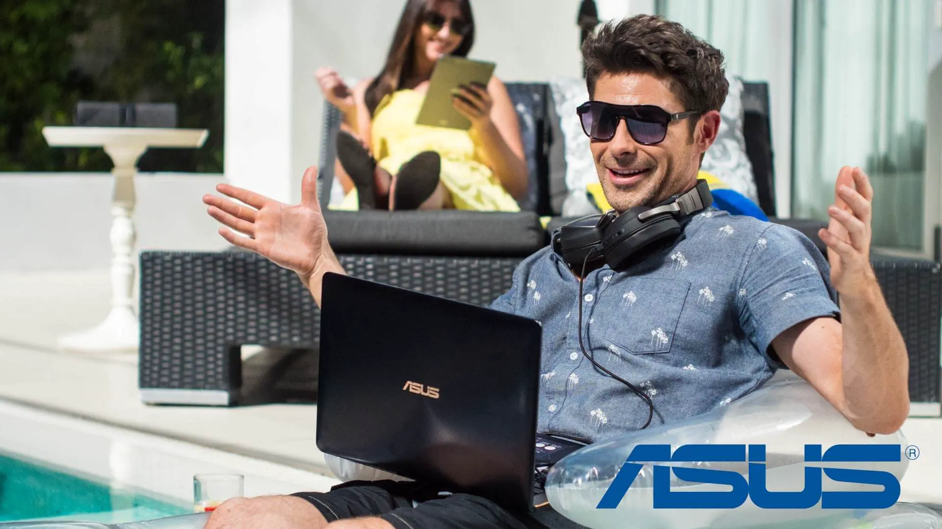 Commercial video of Man with ASUS laptop by a pool, showcasing Lyra Voice tech.