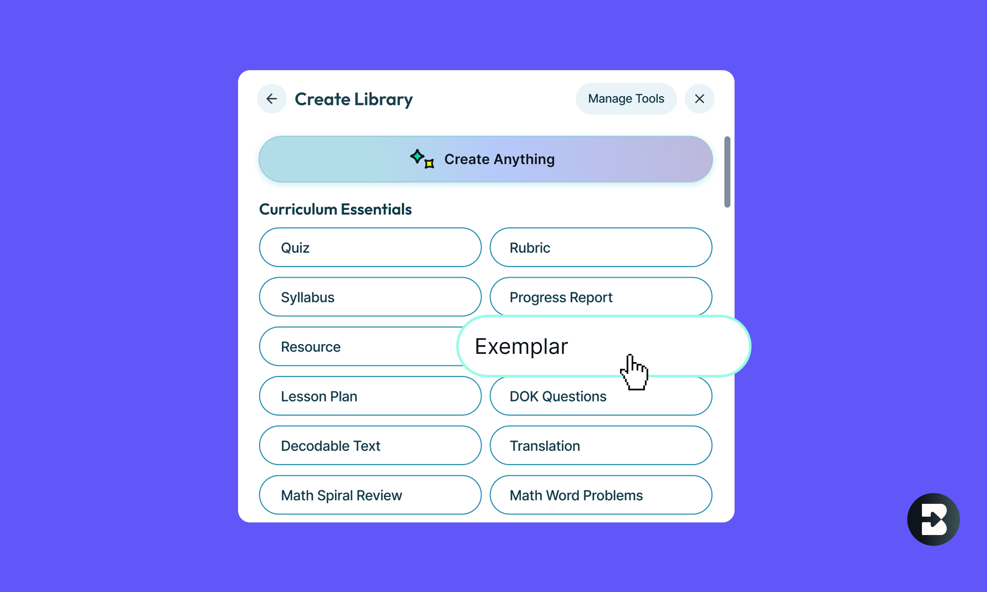 Image of Brisk Teaching extension modal - Create Menu