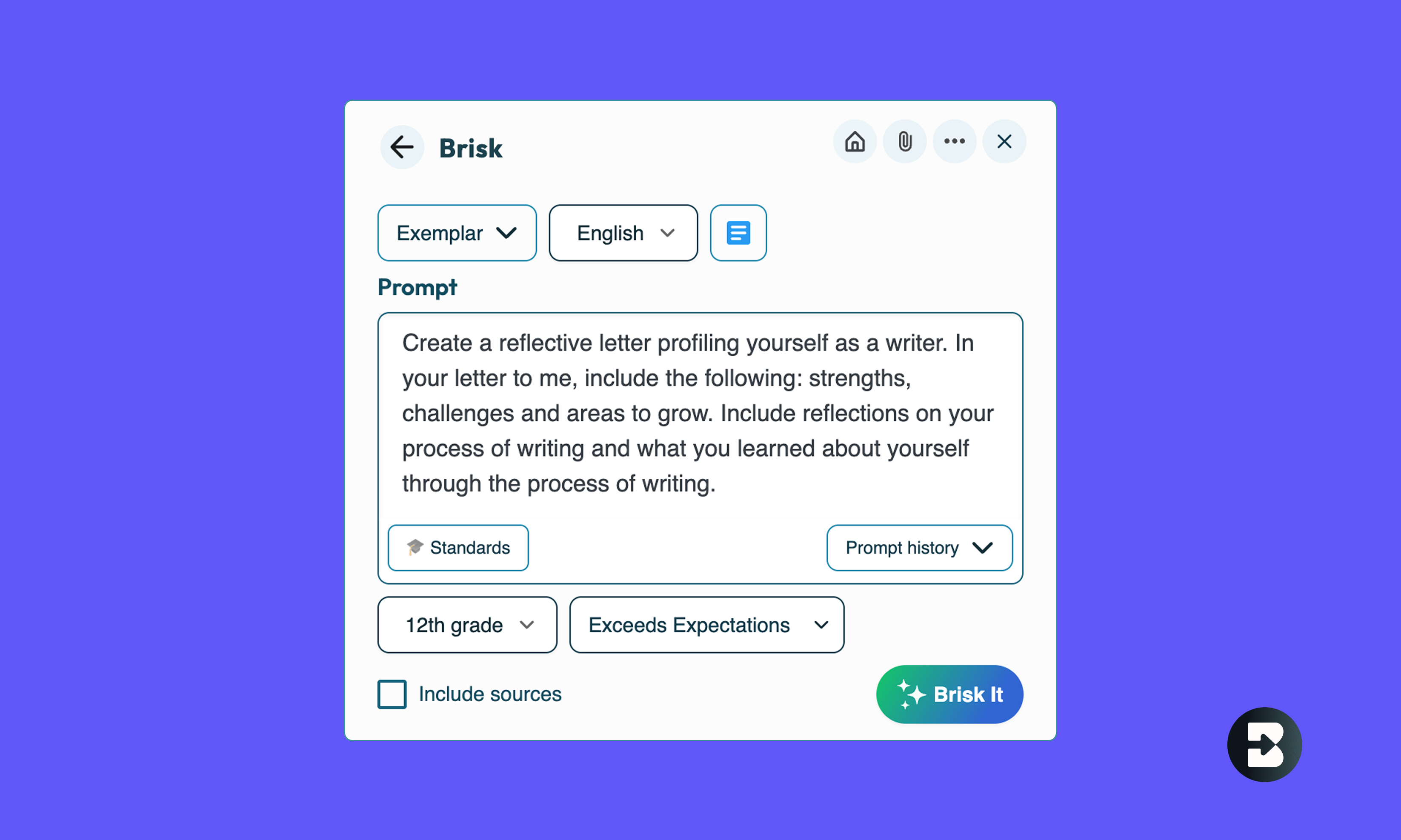 Image of Exemplar Generator feature in Brisk Teaching extension modal with prompt filled in