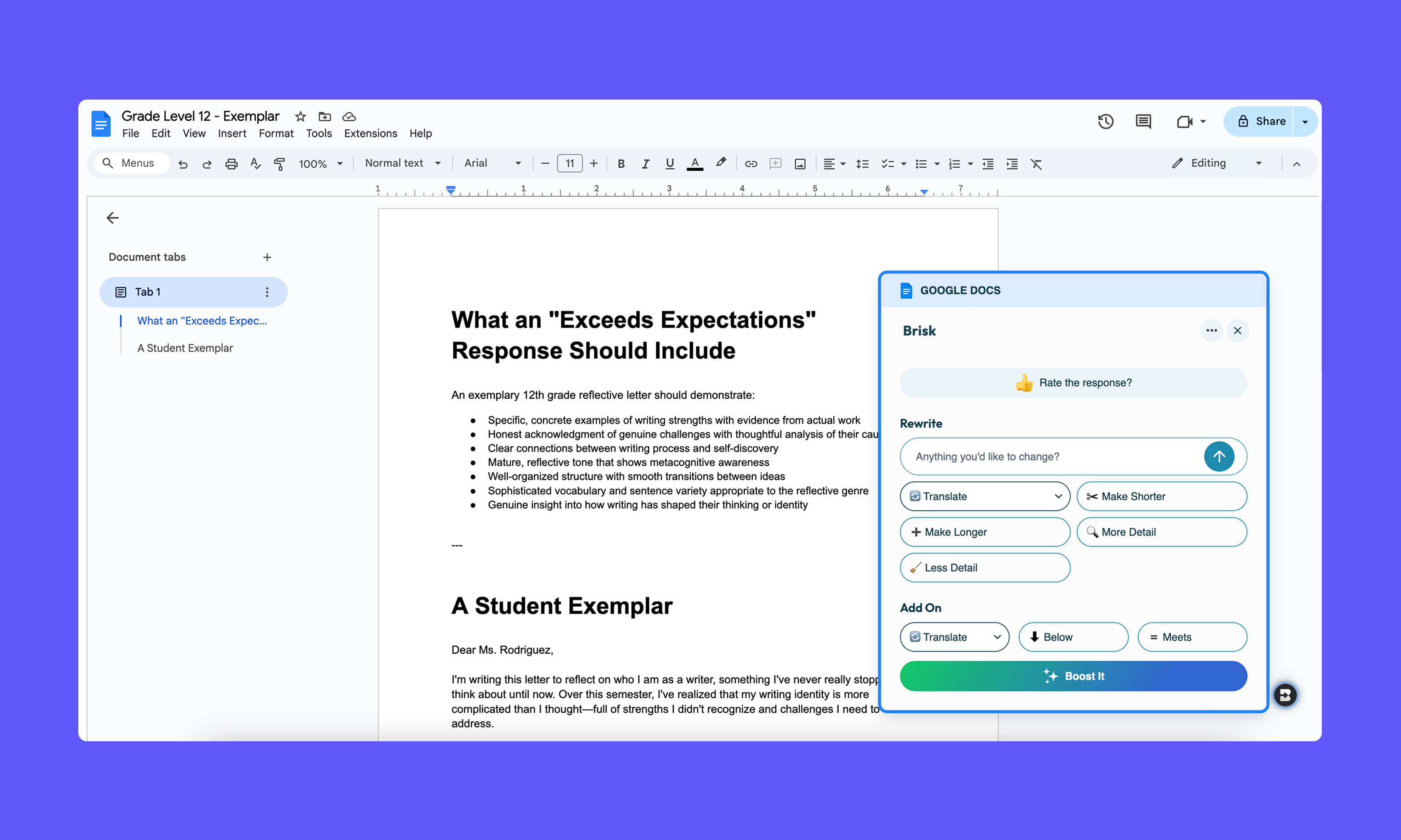 Image of Brisk Teaching's Exemplar Generator output