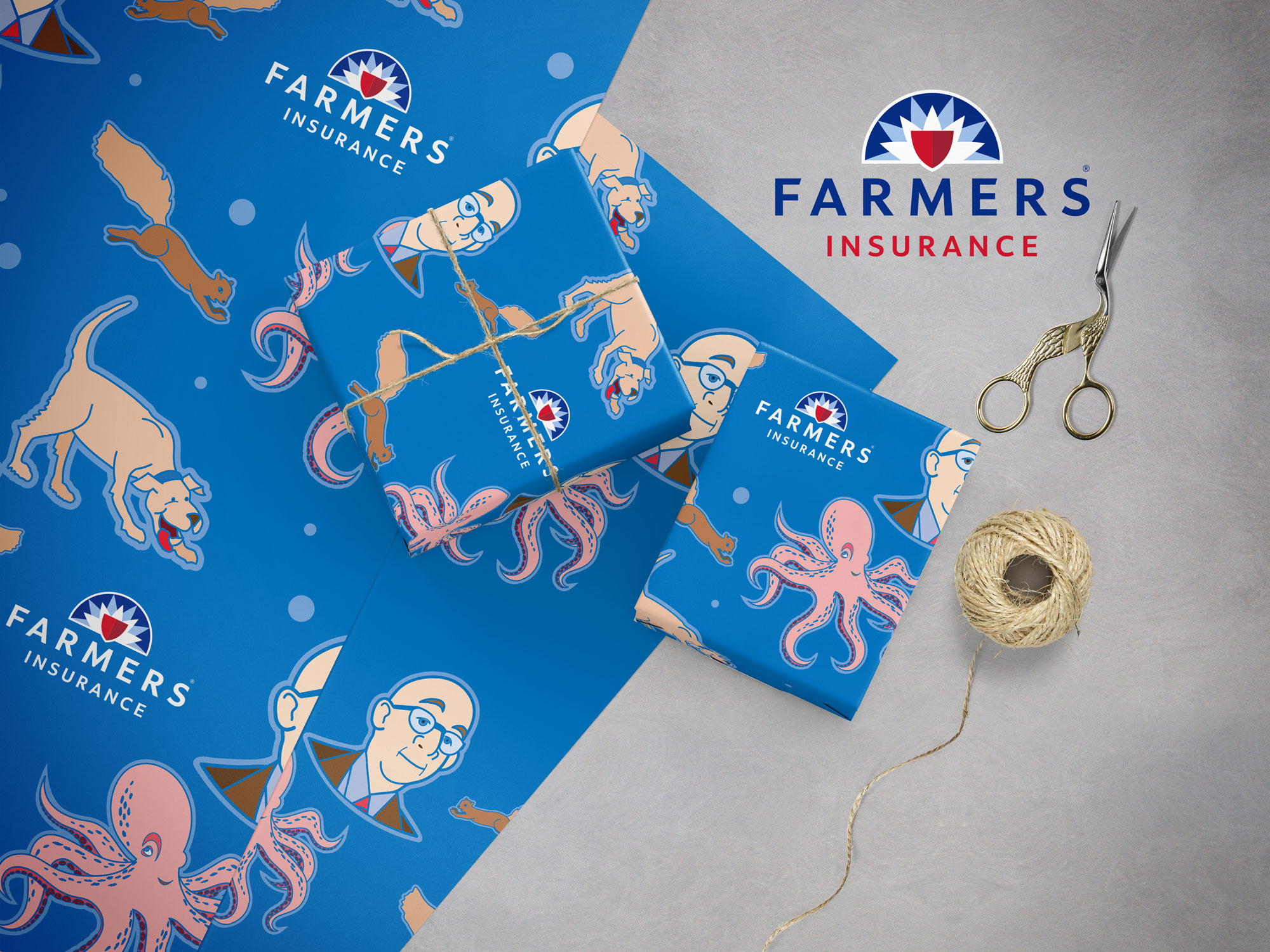 Wrapping paper for Farmers Insurance, featuring Professor Bukrke