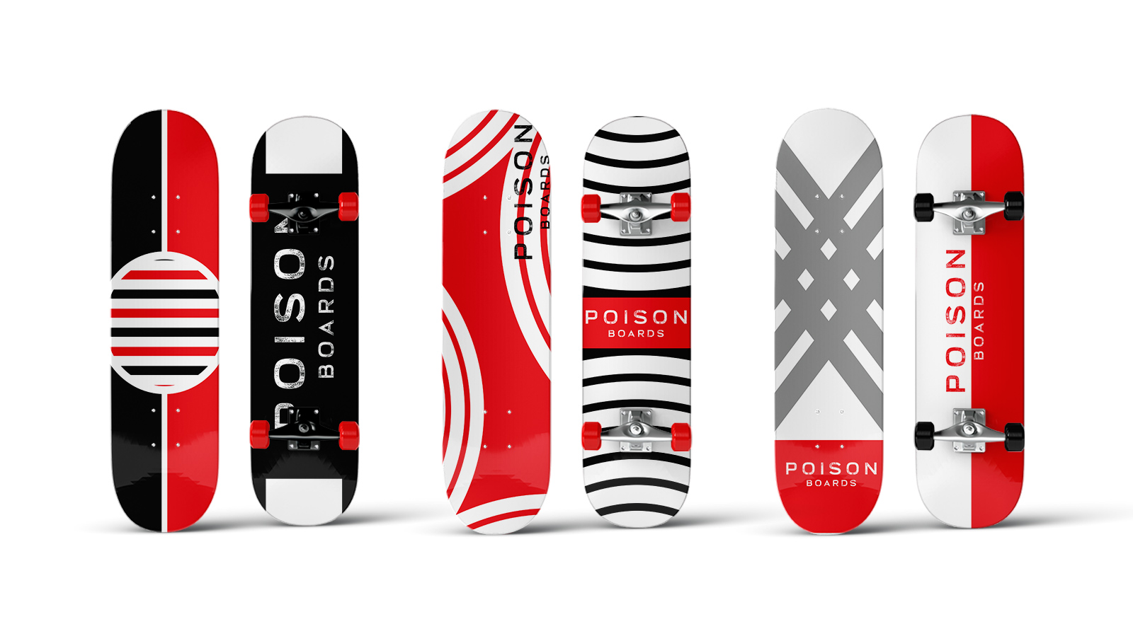 Skateboards in red, black and gray