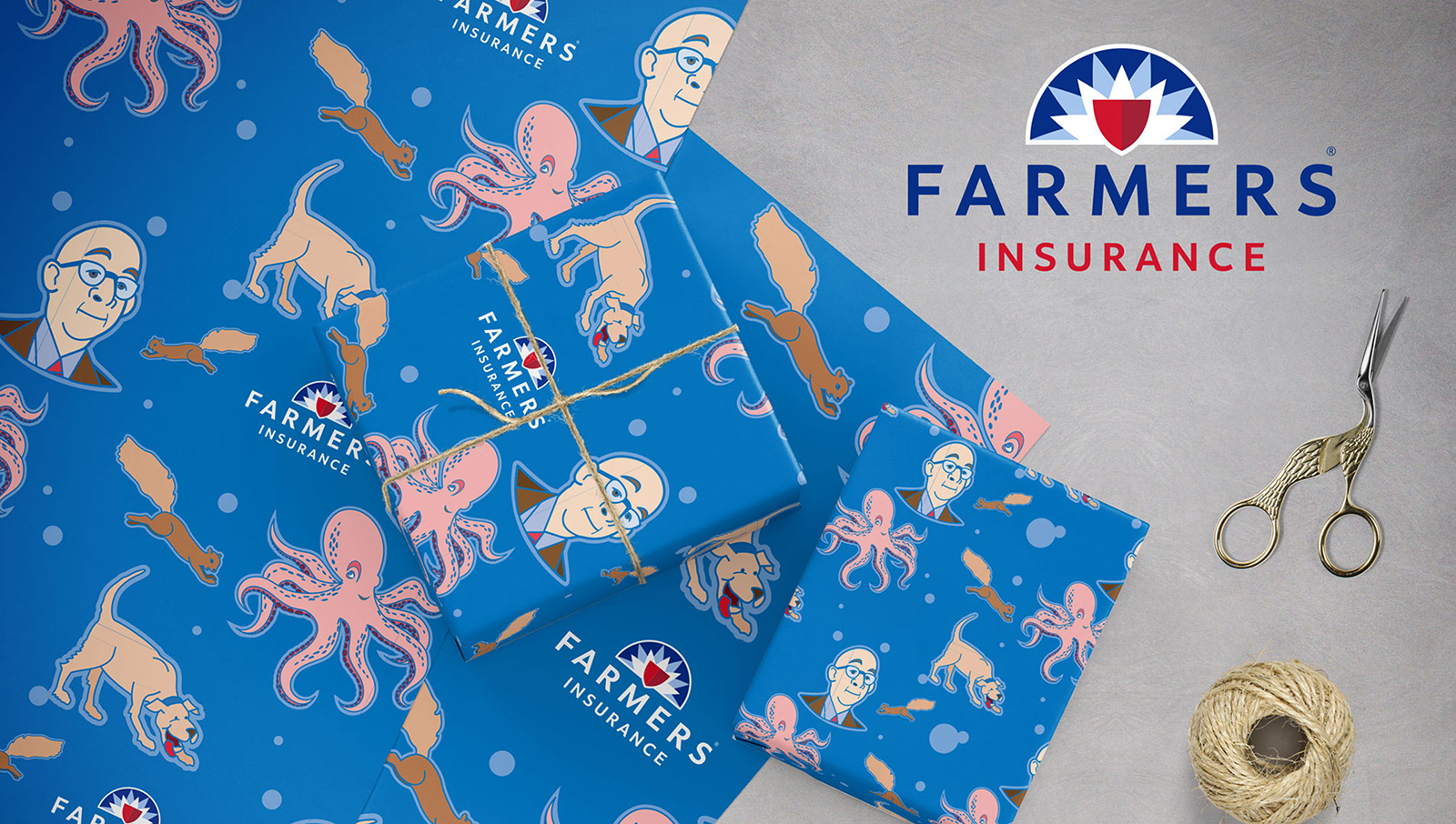 Wrapping paper for Farmers Insurance, featuring Professor Bukrke