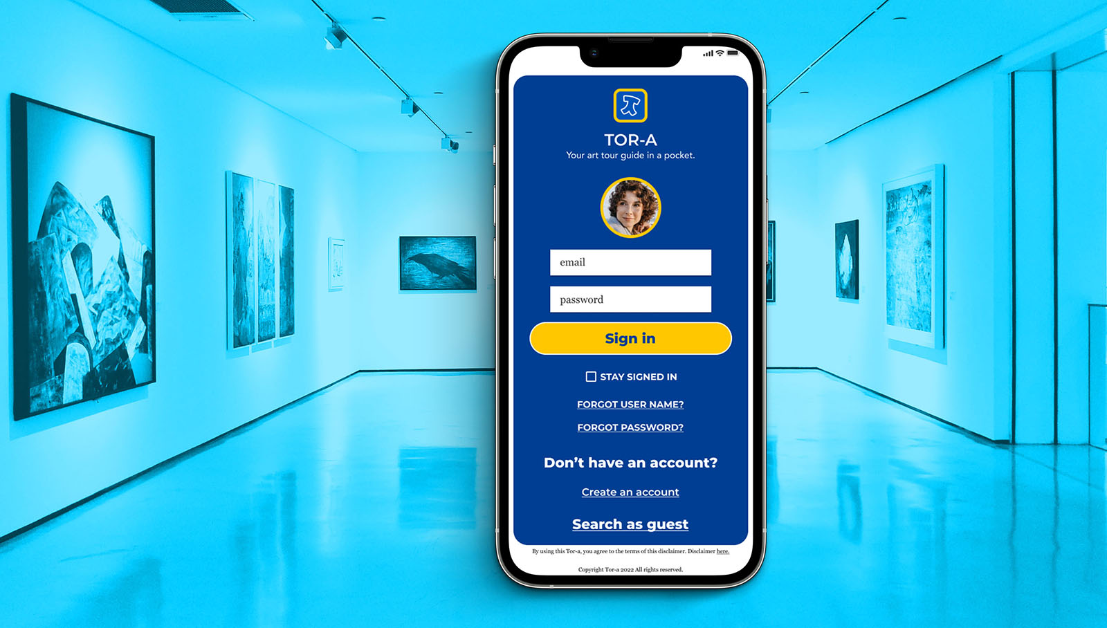 Phone screen showing TOR-A app login with sign-in, password, and guest search options in art gallery.