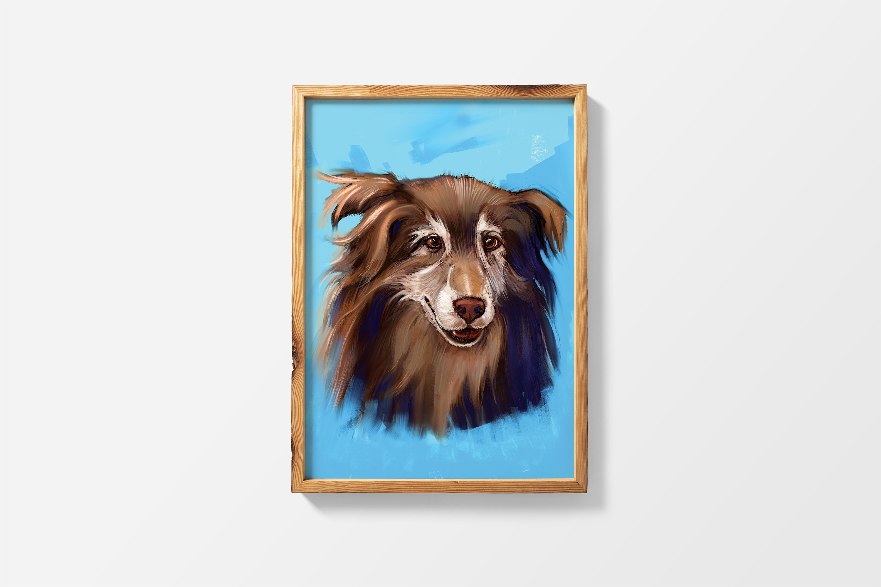 Framed portrait of a brown and red doggie.