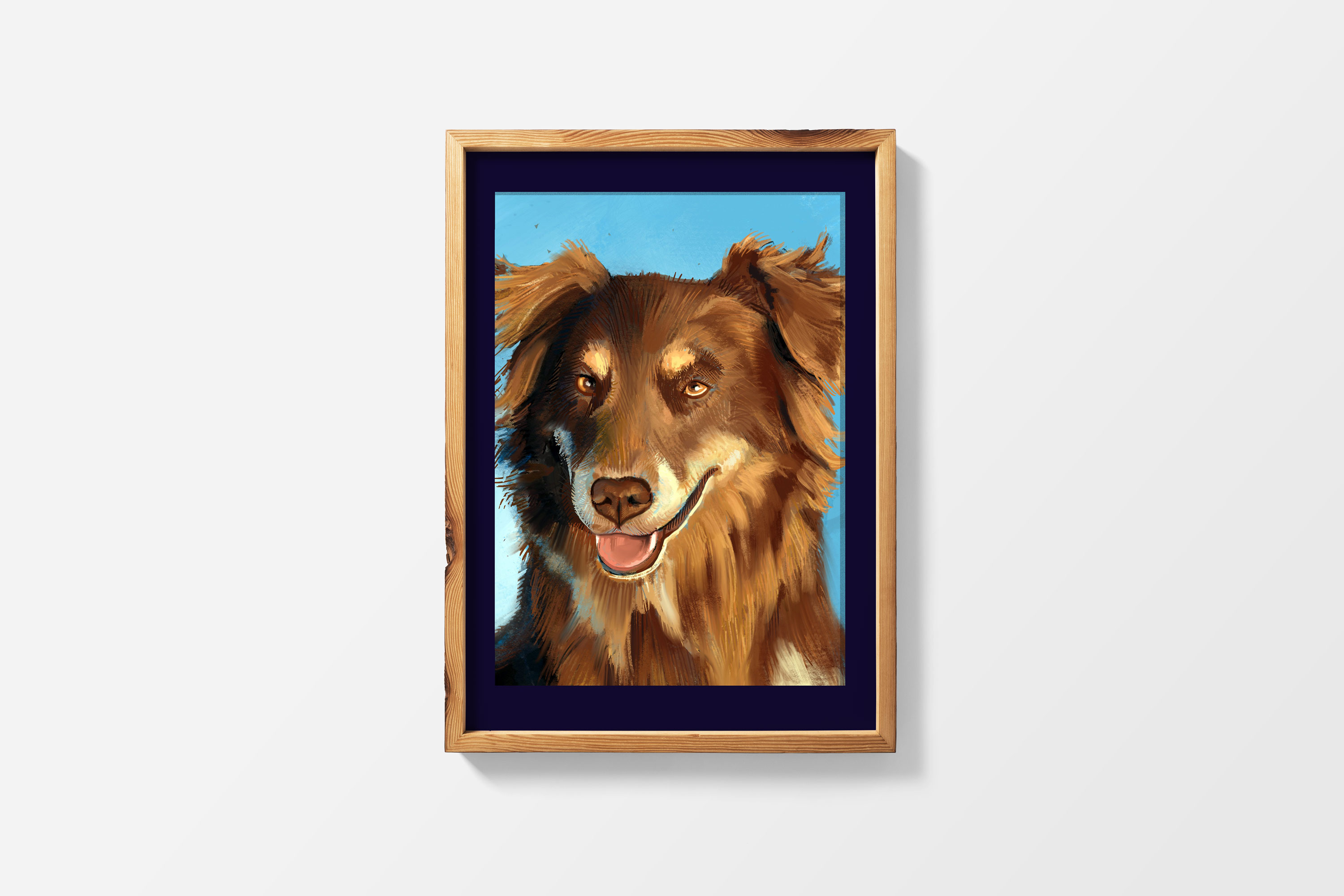 Framed portrait of a brown and red doggie.