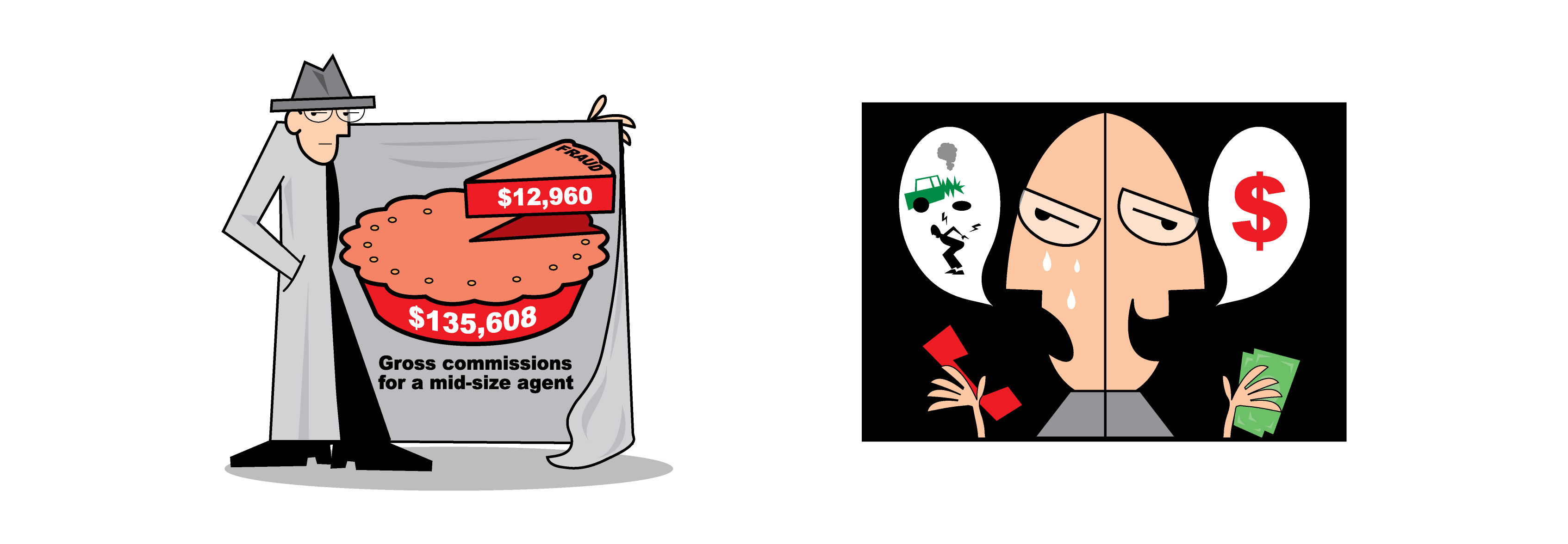 Cartoons of men, one holding open a trench coat with a pie and the other is of two faces.