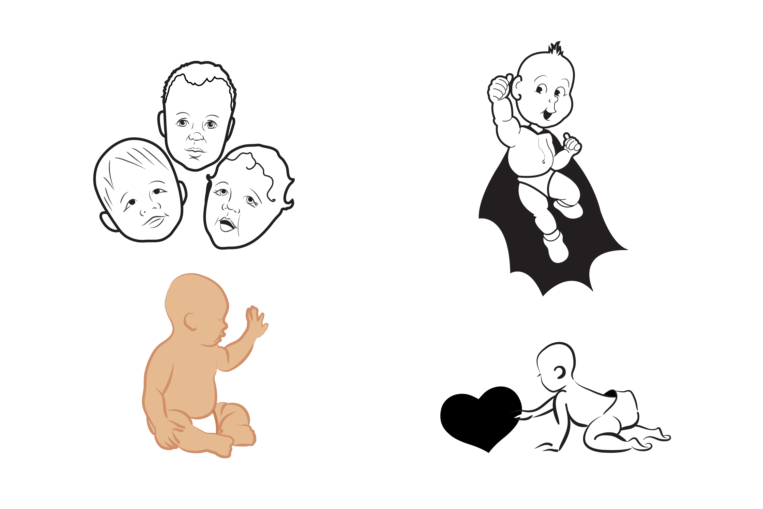 Illustrations of babies: three baby faces, a sitting baby, a baby superhero, and a crawling baby with a heart.