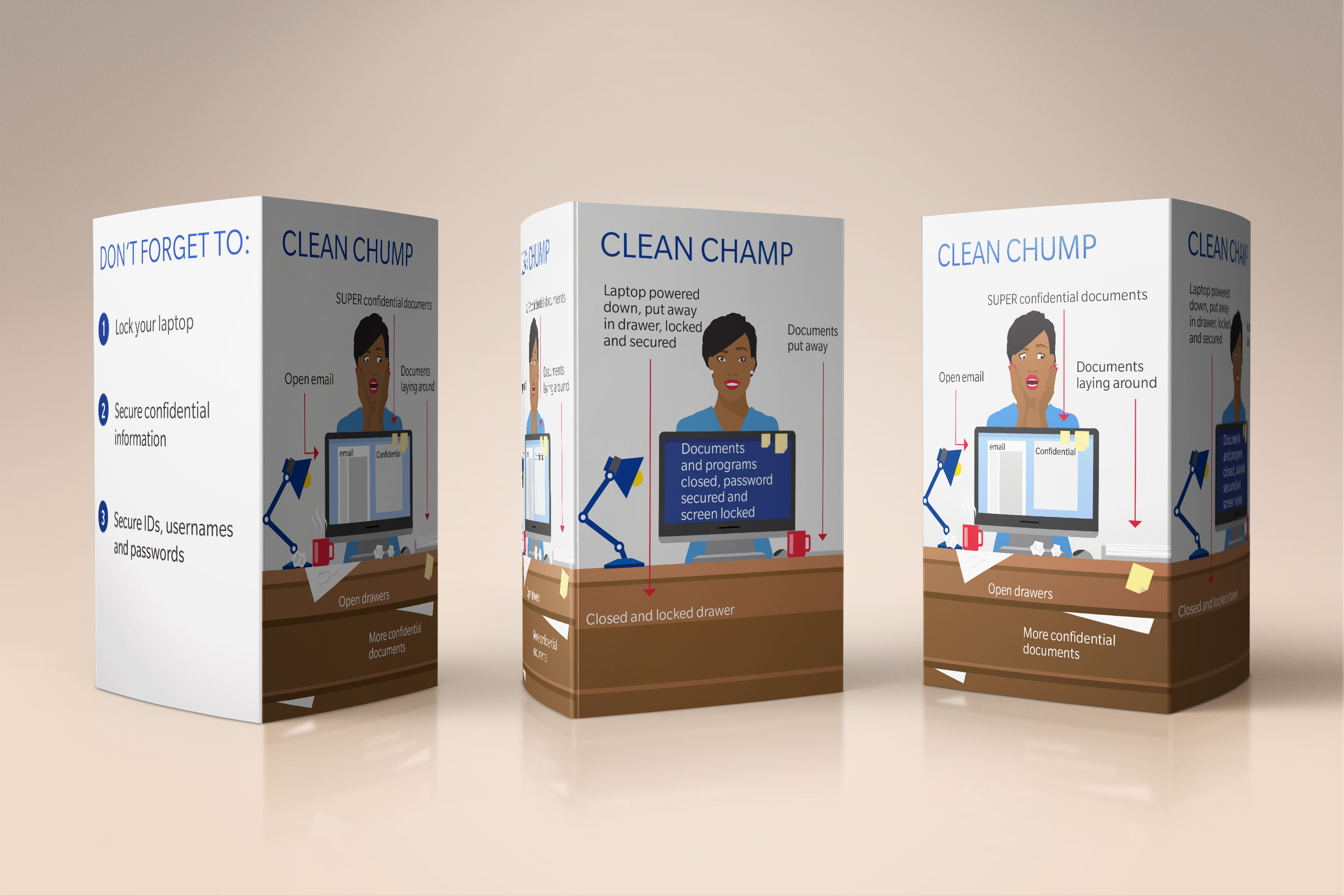 Table tent showing desk security tips with illustrations of a woman and a cluttered desk versus secure desk.