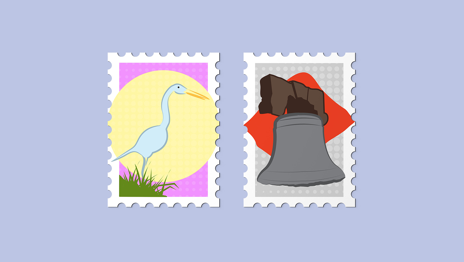 Postage stamp mockups of the Liberty bell and a heron.