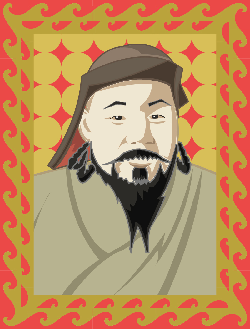 Illustration of a man with braided hair and beard wearing a traditional hat and robe, with a red and gold decorative border.