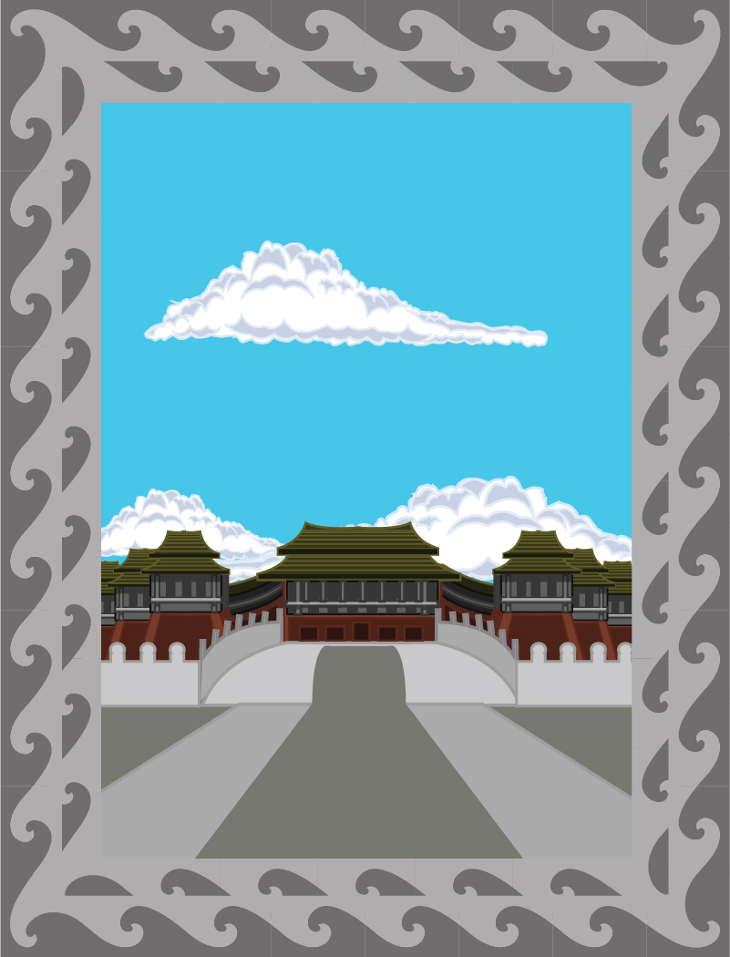 Traditional East Asian palace with green roofs, red walls, gray pathway, under a blue sky with clouds.