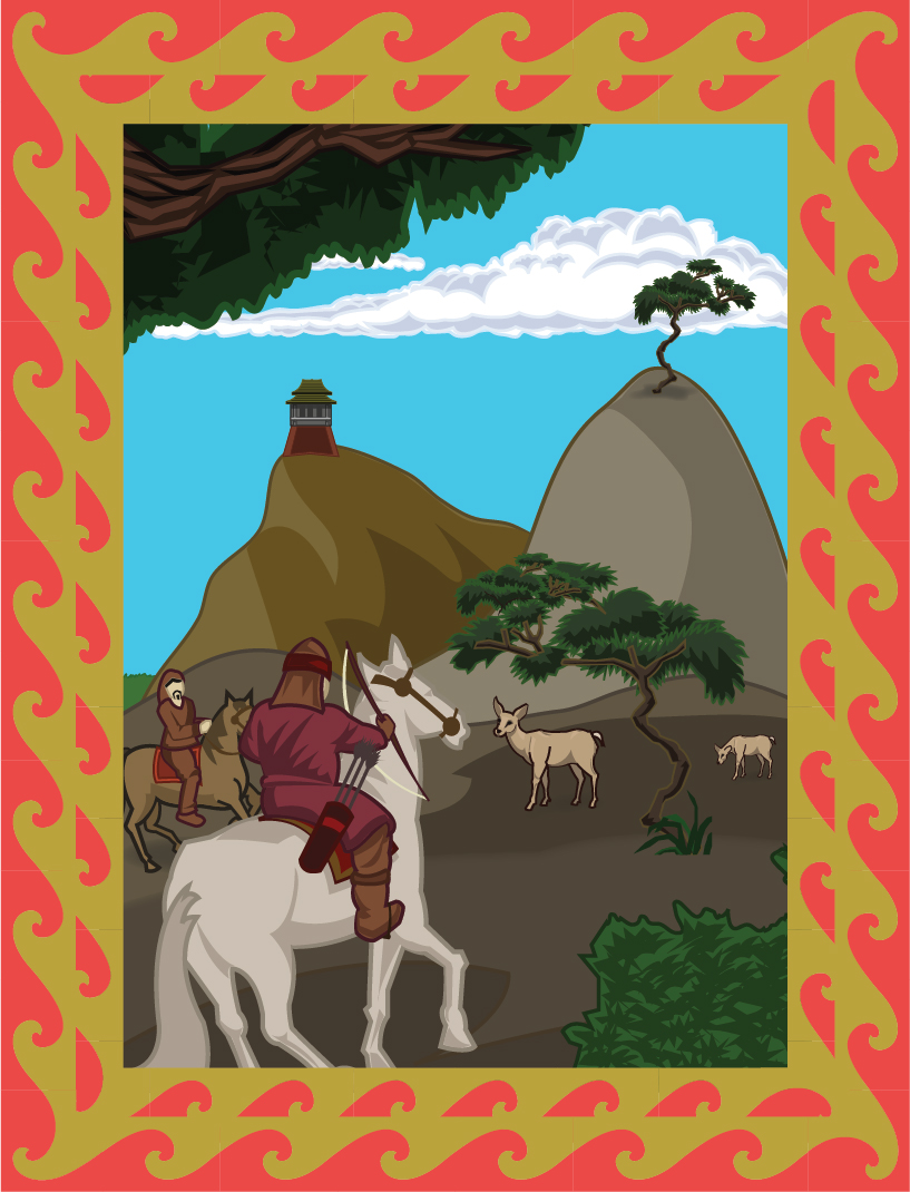 Two archers on horseback aiming bows at two deer in a mountainous landscape with trees and lookout tower.