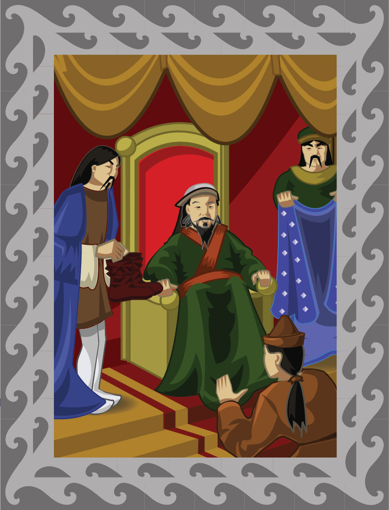 Man on throne with attendants holding a boot and cloth, another kneeling in front, in an ornate room.