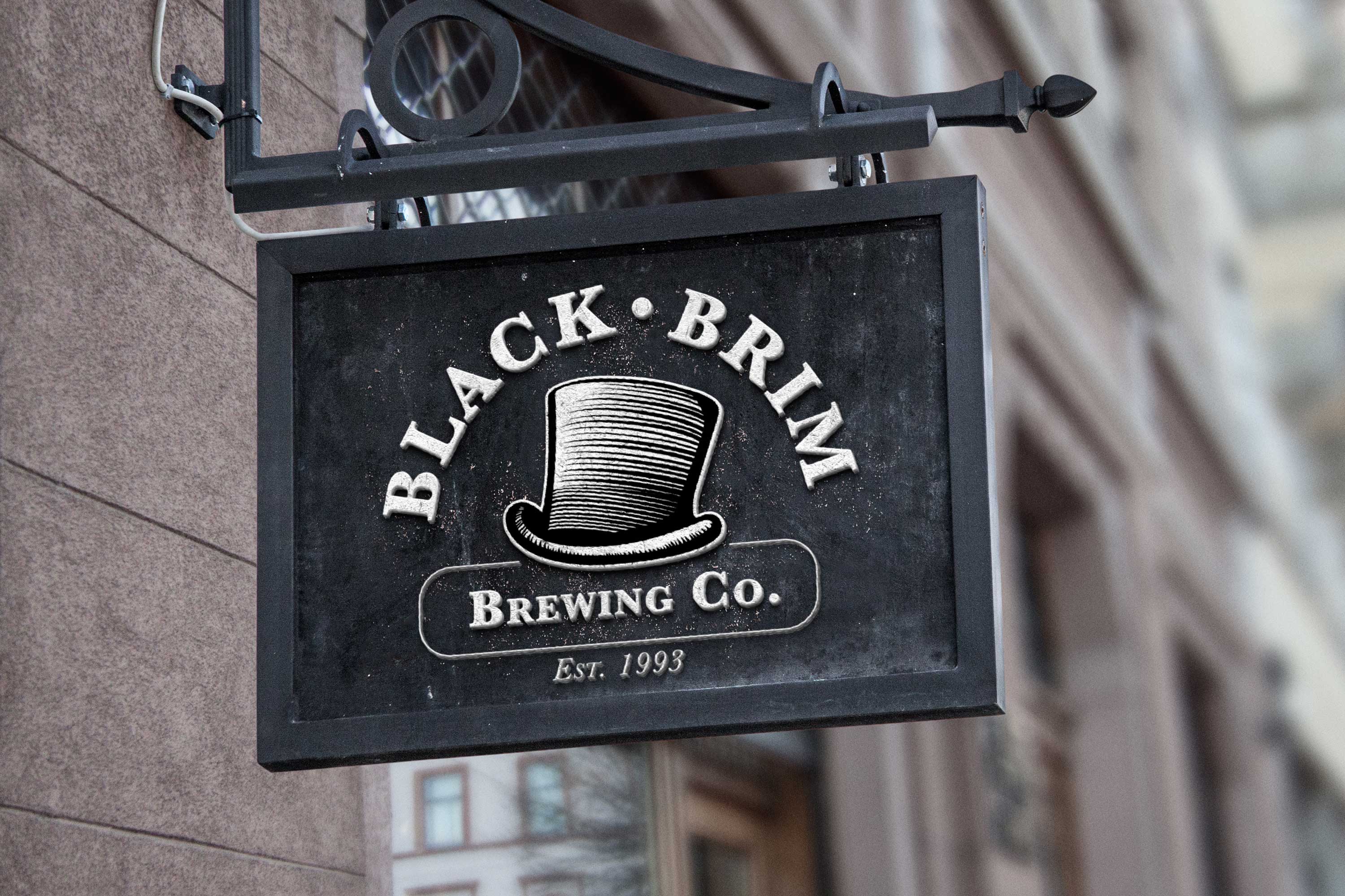 Black Brim Brewing Co. sign with an illustration of a top hat, established in 1993.