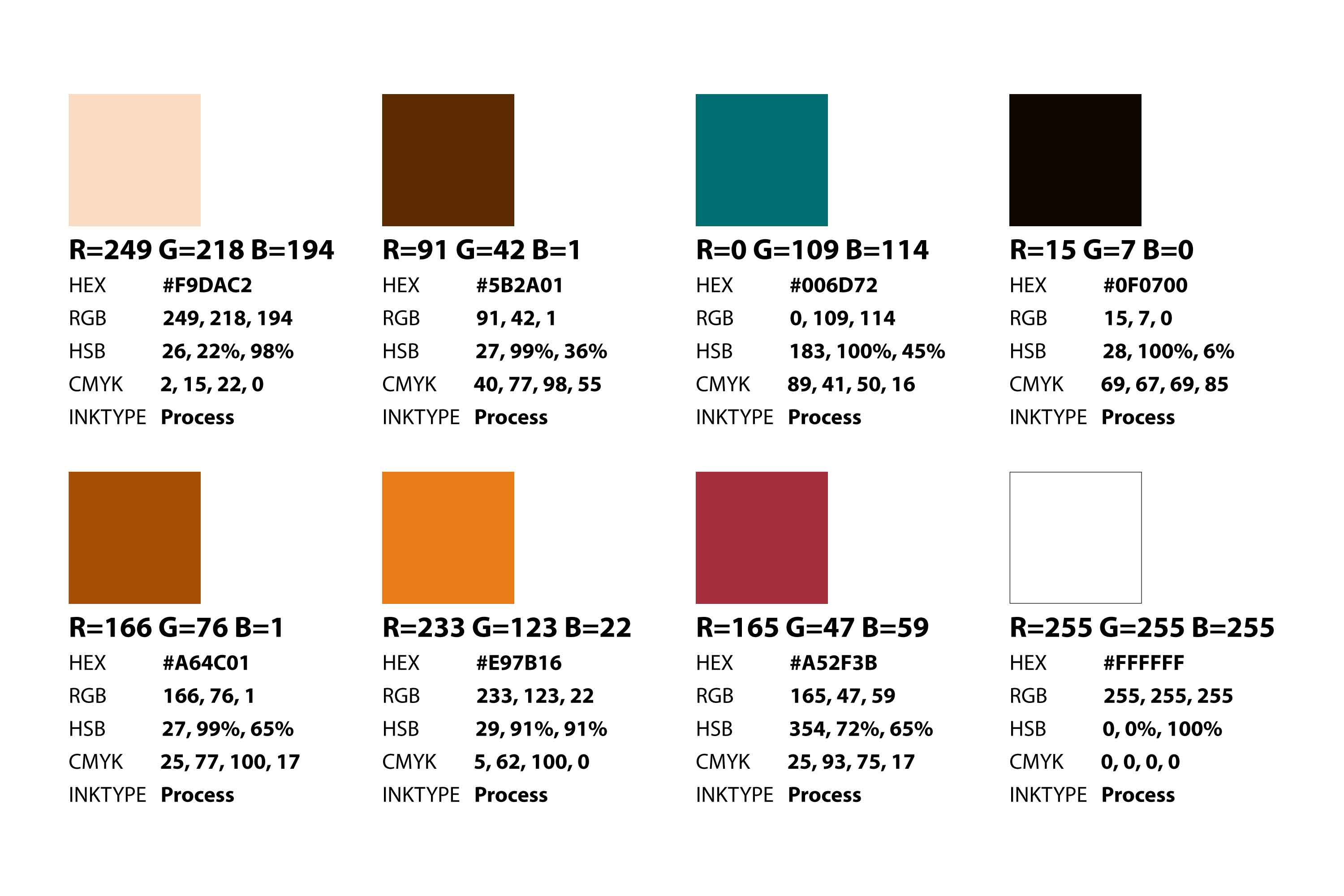 Color palette with eight swatches showing RGB, HEX, HSB, and CMYK codes for each color.