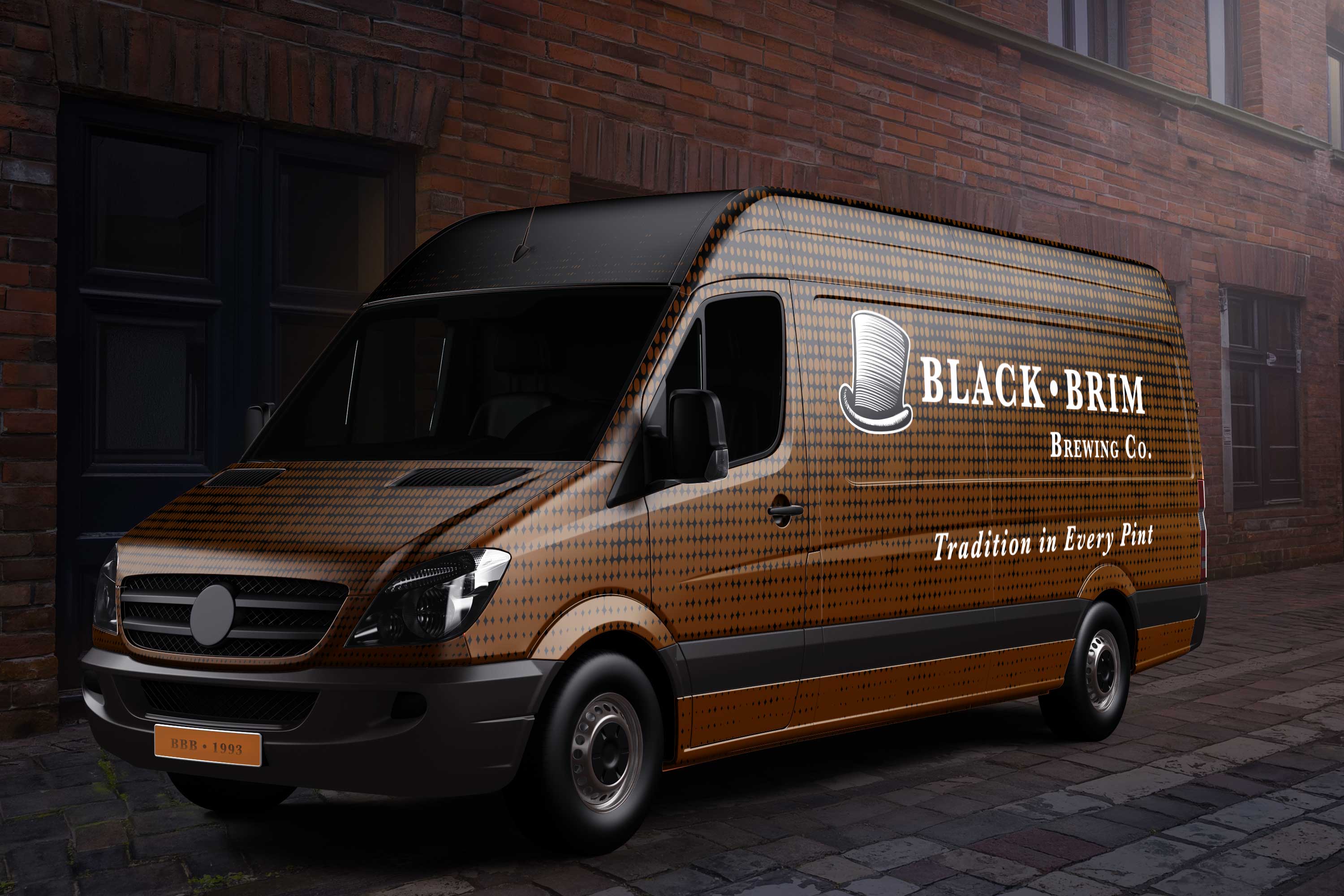 A brown van with the Black Brim Brewing Co logo on it.