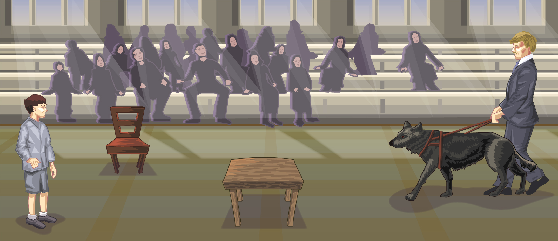 Illustration of a young boy in gray clothing standing on the left, facing a man in a suit holding the leash of a large black dog on the right, with wooden chair and table between them and shadowy seated figures in the background.
